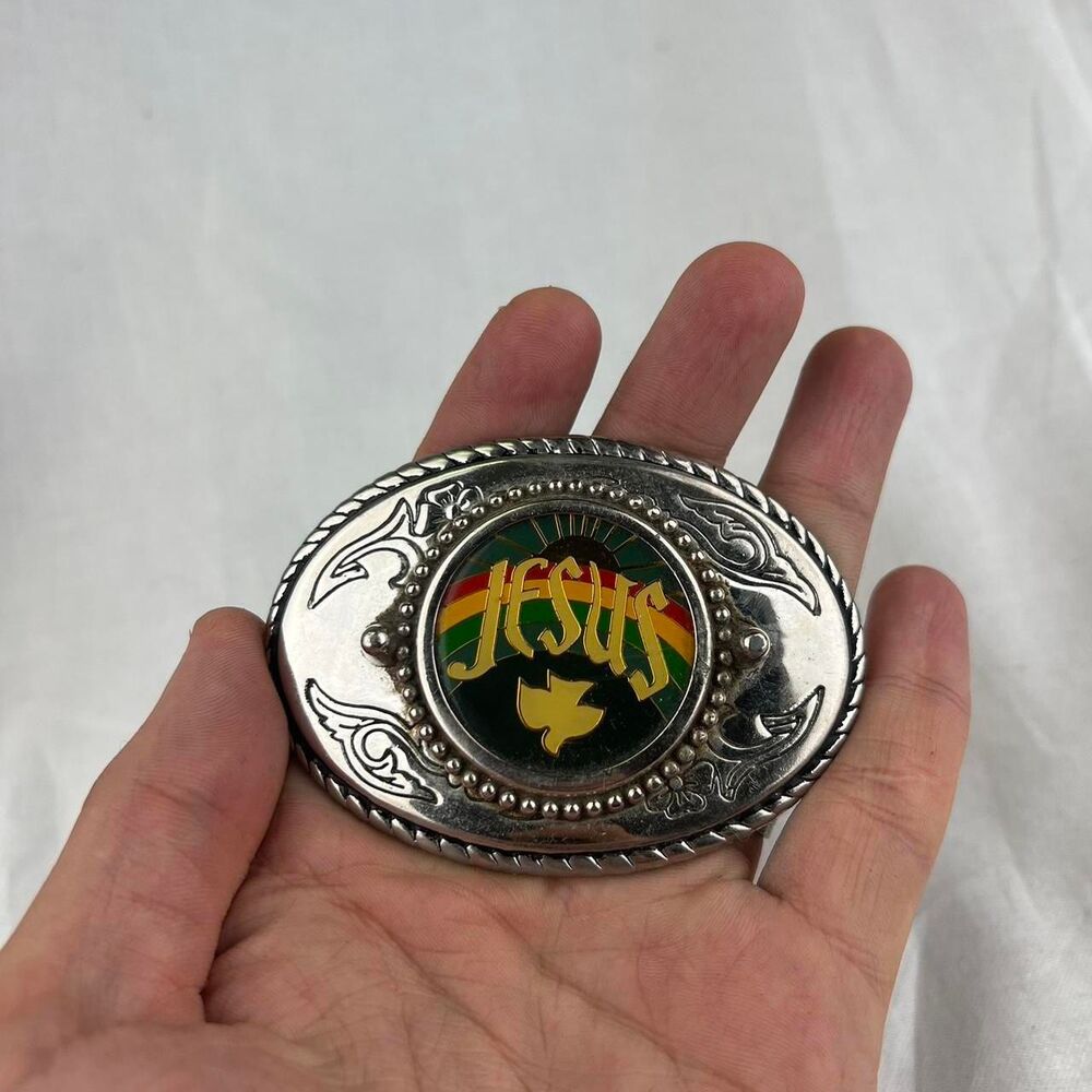 Jesus Cowboy Belt Buckle with 'JESUS' and a Dove Graphic